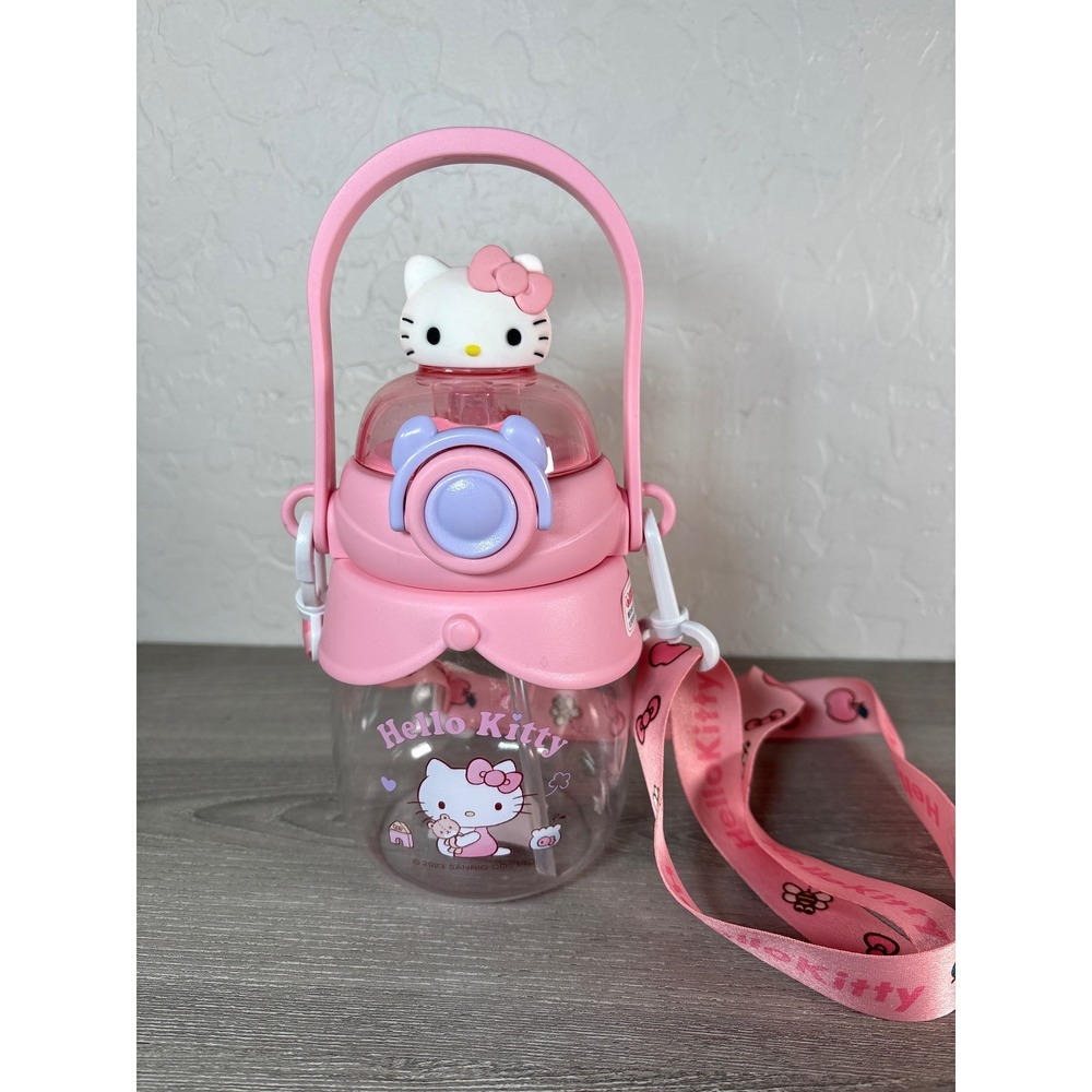 Hello Kitty Sanrio Pink Water Bottle Portable with Straw and Strap 750ml
